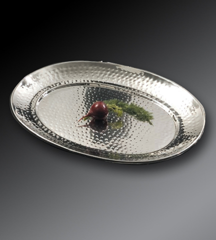 Stainless Steel Oval Hammered Tray 17.25"L x 13.25"W x .875"H
